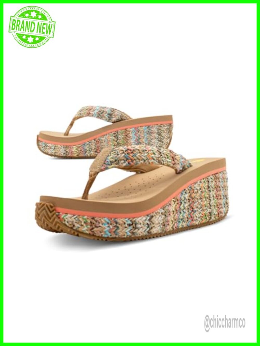 Slip-On Thong Platform Wedge Sandals Raffia Woven EVA Insole Rubber Outsole